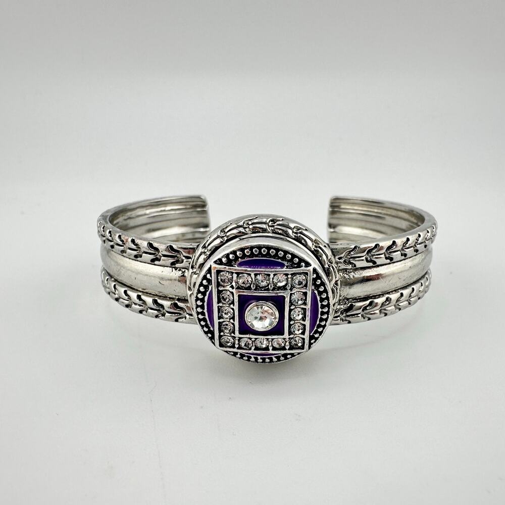 Gingersnaps Charm Button Snap Purple Enamel Rhinestones 6.75" Cuff Bracelet
